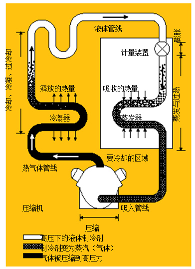 圖1.制冷系統(tǒng) 在典型的制冷系統(tǒng)中，壓縮機(jī)將熱氣體送到冷凝器，隨后，冷凝液通過蒸發(fā)器中的一個(gè)膨脹閥，進(jìn)行蒸發(fā)并獲取來自被冷卻區(qū)域的熱量。